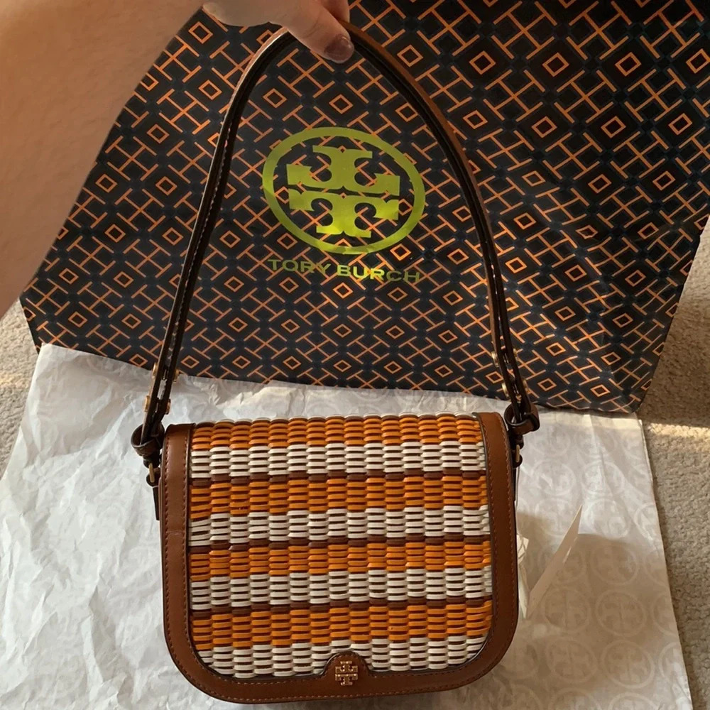 Tory Burch Emerson Woven Crossbody Bag Multicolor Orange White Tan Brown Gold - Picture 14 of 15